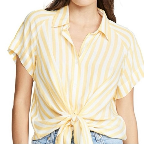 7 For All Mankind Yellow White Striped Tie Front Shirt Button Down Size S - Picture 1 of 12